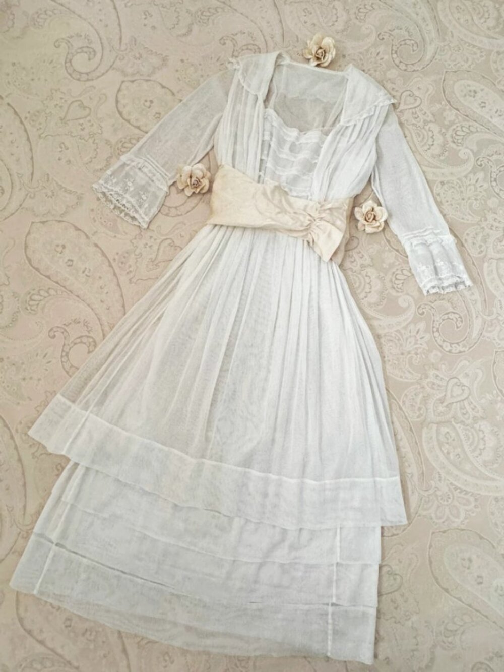 RARE Antique 1910s Betty Wales Edwardian Cotton Voile Embroidered Gown